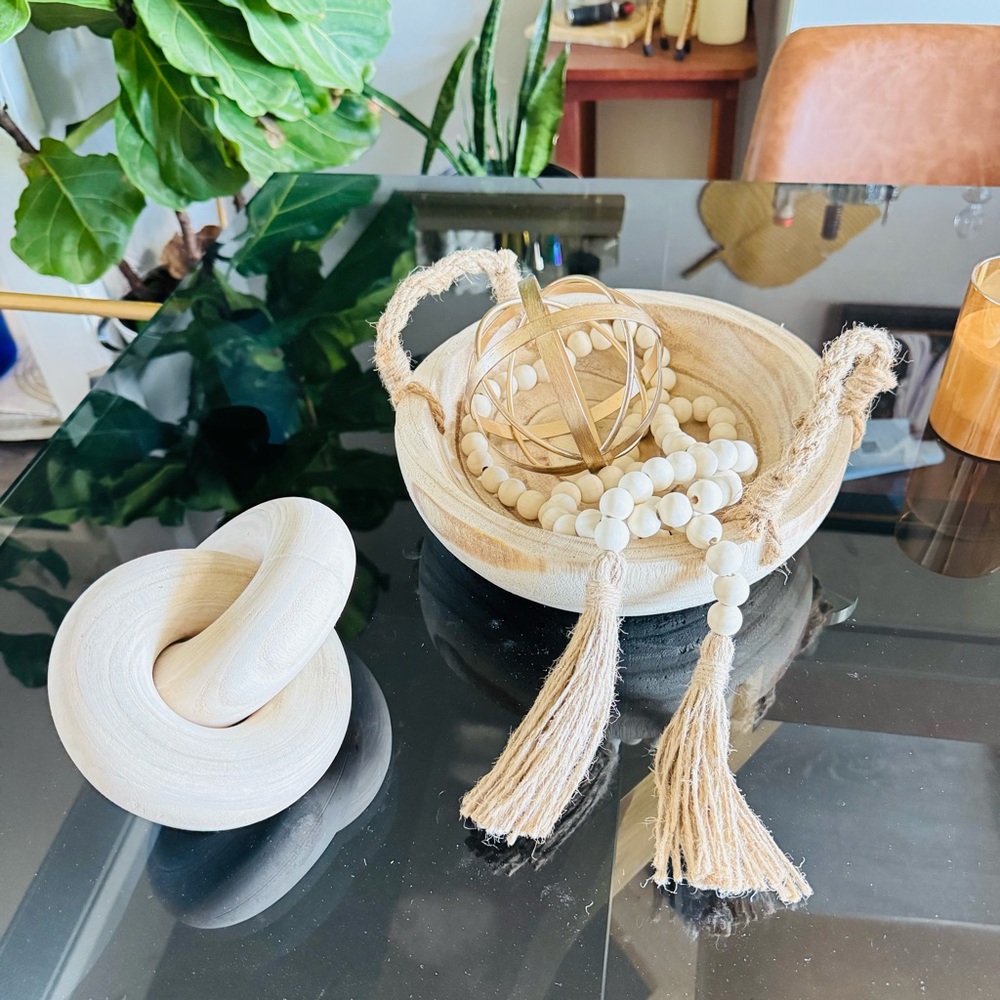 NEW POTTERY BARN White Cream Tan Wood Decor Low Bowl Knot Beads Chain Sphere - Picture 8 of 16